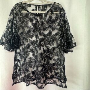 New Directions Black Floral Sheer Blouse